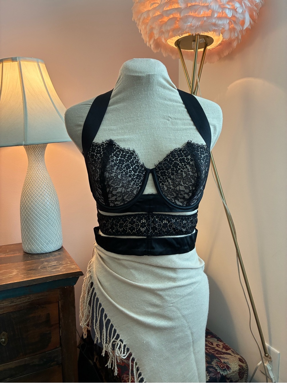 Victoria's Secret Black Lace Halter Bralette with Satin Band